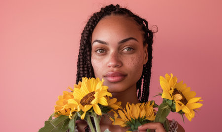 Portrait of a young woman with a sunflower bouquetの素材