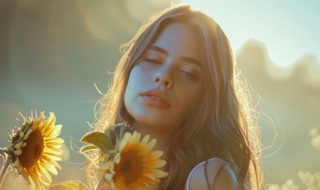 Portrait of a young woman with a sunflower bouquetの素材