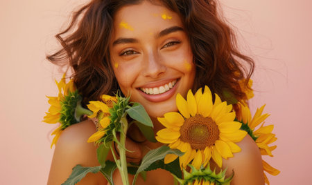 Portrait of a young woman with a sunflower bouquetの素材