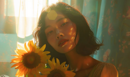 Portrait of a young woman with a sunflower bouquetの素材