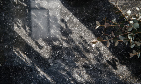 Top view of a black granite countertop, neutral backgroundの素材