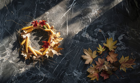 Top view of a black granite countertop, wreath of leaves and cornの素材