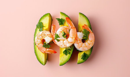 Avocado and shrimp cocktail on a light pink backgroundの素材
