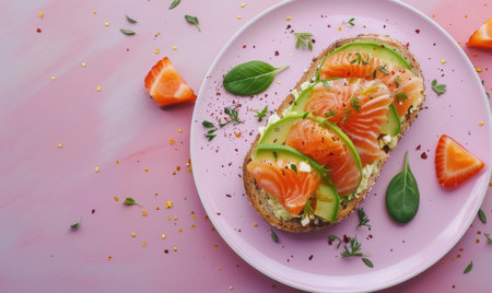 Avocado and salmon toast on a pastel purple plateの素材