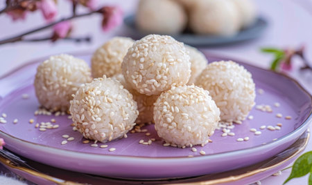 Sweet rice dumplings with sesame filling on a pastel purple plateの素材