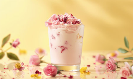 Rose-flavored yogurt parfait with rose syrup on a light yellow backgroundの素材