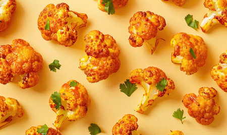 Spicy roasted cauliflower bites on a light yellow backgroundの素材