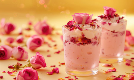 Rose-flavored yogurt parfait with rose syrup on a light yellow backgroundの素材