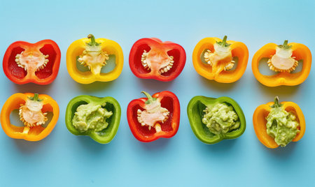 Sliced bell peppers with guacamole on a light blue backgroundの素材