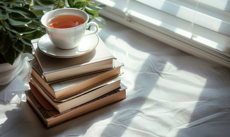 Stack of books on a light gray table with a cup of tea beside itの素材