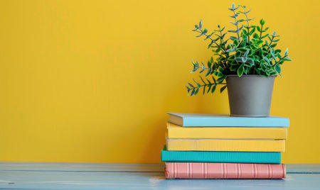 Stack of books on a light gray table with a pastel butter yellow background, with a small plantの素材