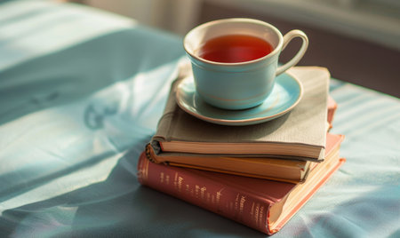 Stack of books on a light gray table with a cup of tea next to itの素材