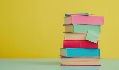 Stack of books on a light gray table with a pastel yellow backgroundの素材