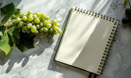 Closed notebook on a light gray table with a bunch of grapes on the leftの素材