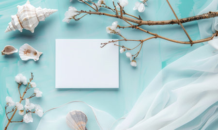 White blank card on a pastel turquoise background, with a seashell and a piece of driftwoodの素材