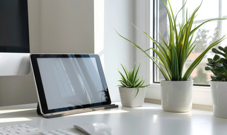 Clean home office design, tablet on white desk, neutral backgroundの素材