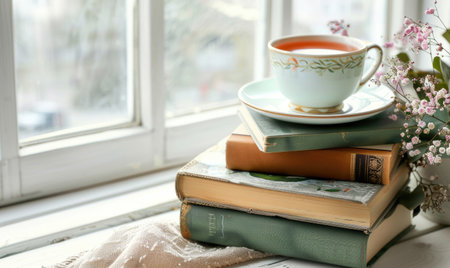 Stack of books with a cup of tea on a light gray table, soft shadows from windowの素材