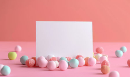 White blank card on a pastel coral background, with a small pile of pastel colored candiesの素材