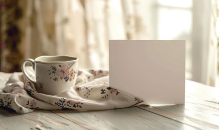 White blank card on a pastel ivory table, with a ceramic mug and a floral print napkinの素材