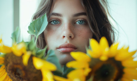 Portrait of a young woman with a sunflower bouquetの素材