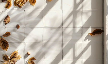 Top view of a clean white tile countertop, frame of autumn leaves and nutsの素材