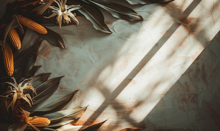 Top view of a dark wooden countertop, wreath of leaves and cornの素材