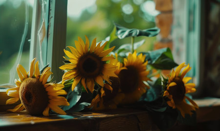 Top view of a dark wooden countertop, sunflowersの素材