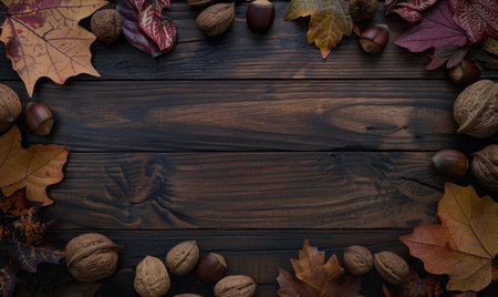 Top view of a dark wooden countertop, frame of autumn leaves and nutsの素材