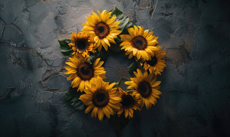 Top view of a dark stone countertop, wreath of sunflowersの素材