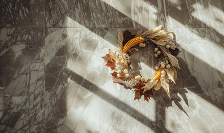 Top view of a gray marble countertop with autumn herbariumの素材