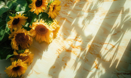 Top view of a light birch countertop, wreath of sunflowersの素材