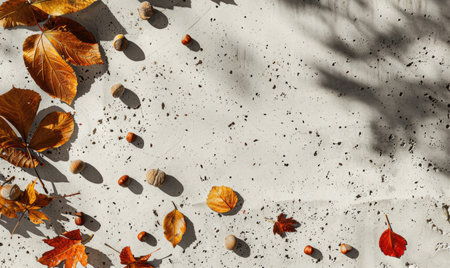 Top view of a light concrete countertop, frame of autumn leaves and nutsの素材