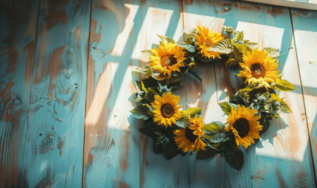 Top view of a light wooden countertop, wreath of sunflowersの素材