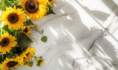 Top view of a light gray countertop, wreath of sunflowersの素材