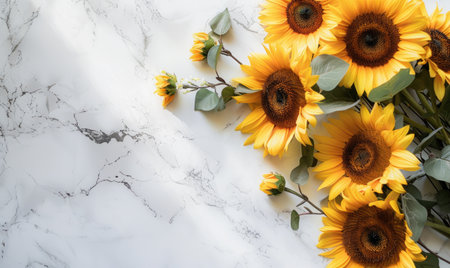 Top view of a white laminate countertop, wreath of sunflowersの素材