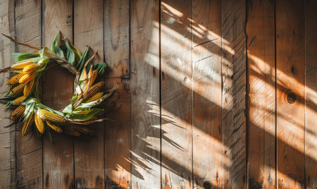Top view of a rustic wooden countertop, wreath of leaves and cornの素材
