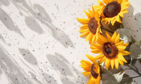 Top view of a white granite countertop, wreath of sunflowers in the centerの素材