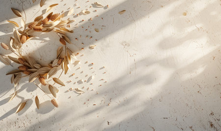Top view of a white laminate countertop, wreath of leaves and cornの素材
