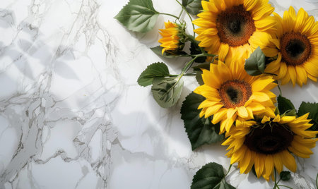 Top view of a white marble countertop, wreath of sunflowersの素材