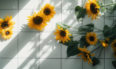 Top view of a white tile countertop, frame of autumn leaves and nutsの素材