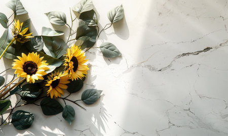 Top view of a white quartz countertop with autumn herbariumの素材