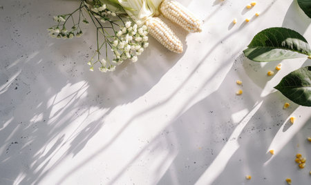 Top view of a white quartz countertop with autumn herbariumの素材