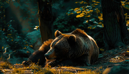 Bear lying in the shade, dappled sunlightの素材