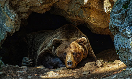 Bear resting in a cave, dappled sunlightの素材