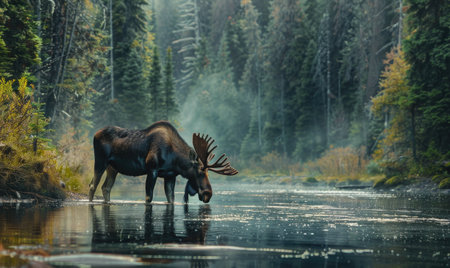 Moose drinking from a river, lush forest backgroundの素材