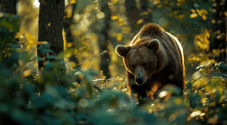 Bear prowling through the forest, intense focusの素材