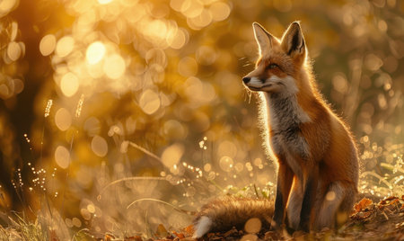 Fox resting in a meadow, warm afternoon lightの素材