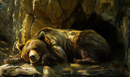 Bear resting in a cave, dappled sunlightの素材