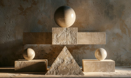 Direct view of a geometric composition with spheres, cubes, and pyramids, arranged in a symmetrical patternの素材