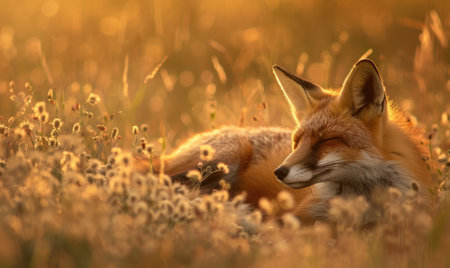 Fox resting in a meadow, warm afternoon lightの素材